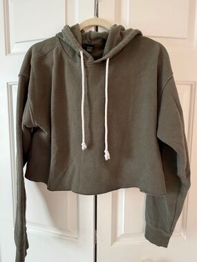 wild fable Olive Green Cropped Hooded Sweatshirt with White Drawstrings